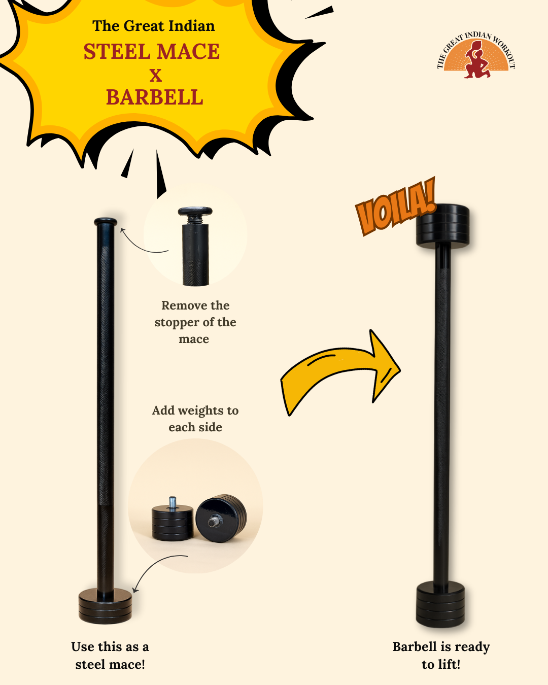 Steel Mace x Barbell (Extendable Steel Mace 5kg with attachable weights of 5kg + 5kg)