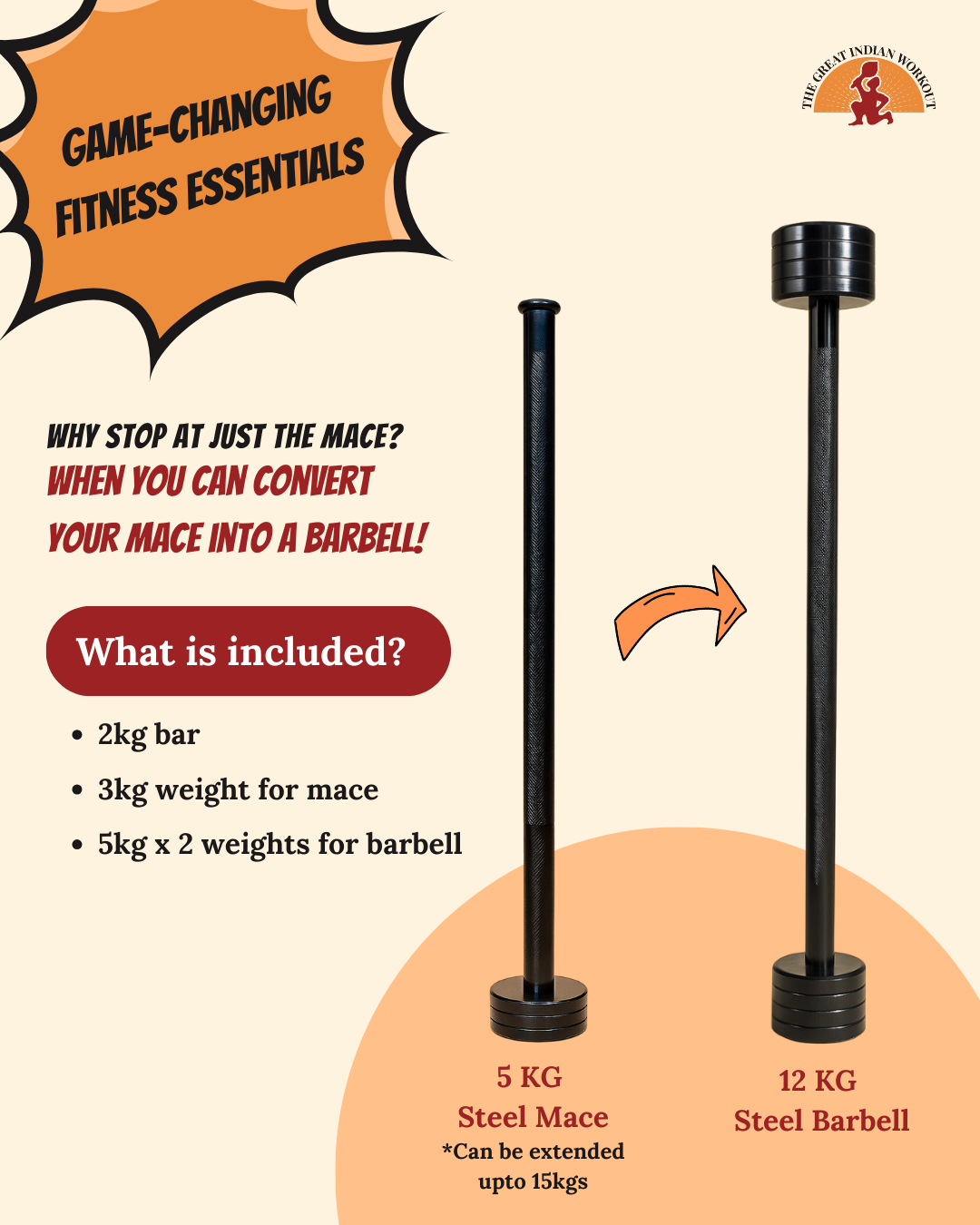 Steel Mace x Barbell (Extendable Steel Mace 5kg with attachable weights of 5kg + 5kg)